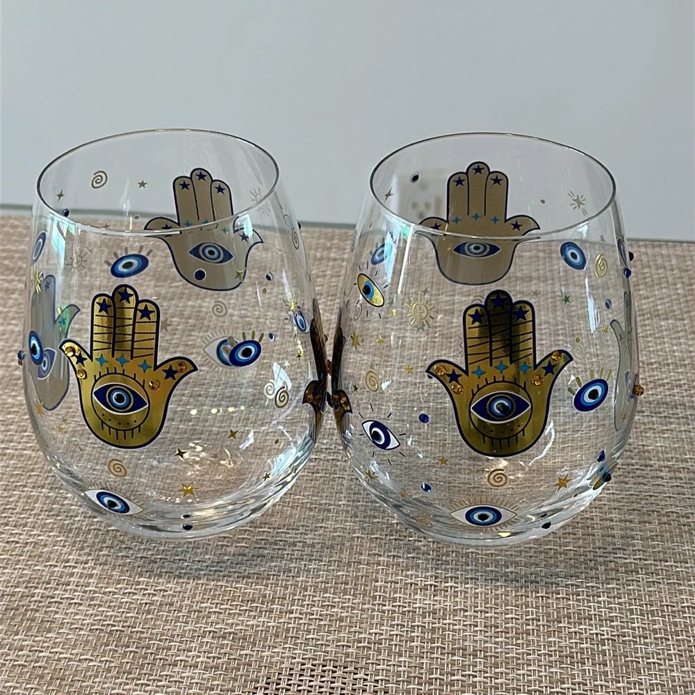 LOVE + LIGHT Wine Glasses Set Of 2 Hamsa Stemless Hamsa Evil Eye Stemless